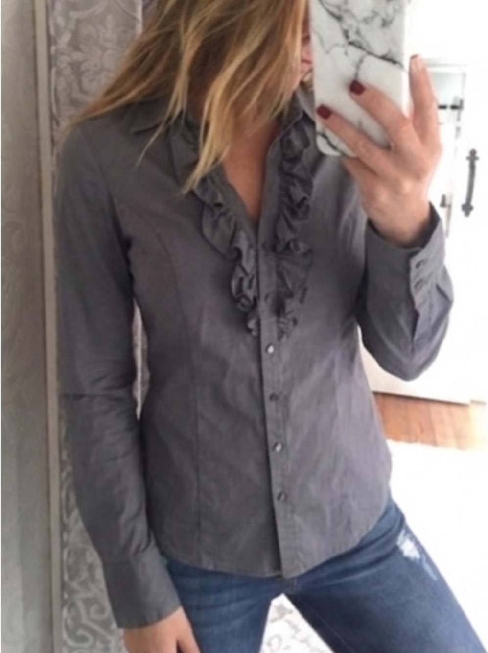 Women's Ruffle Front Button-Down Shirt - Gray